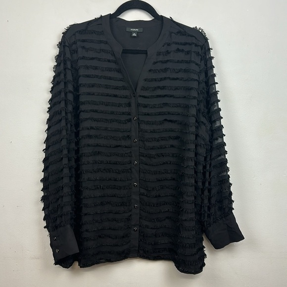 Alfani Fringe-Trim Mandarin Collar Button Up Long Sleeve Blouse Black Sz XXL - Picture 2 of 10
